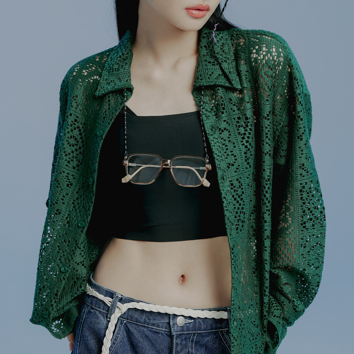 韓國Romantic Crown - PUNCHING KNIT WESTERN SHIRT_GREEN